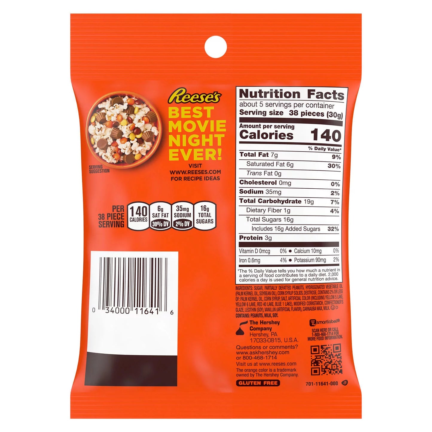 REESE'S PIECES PEANUT BUTTER IN A CRUNCHY SHELL CANDY BAG