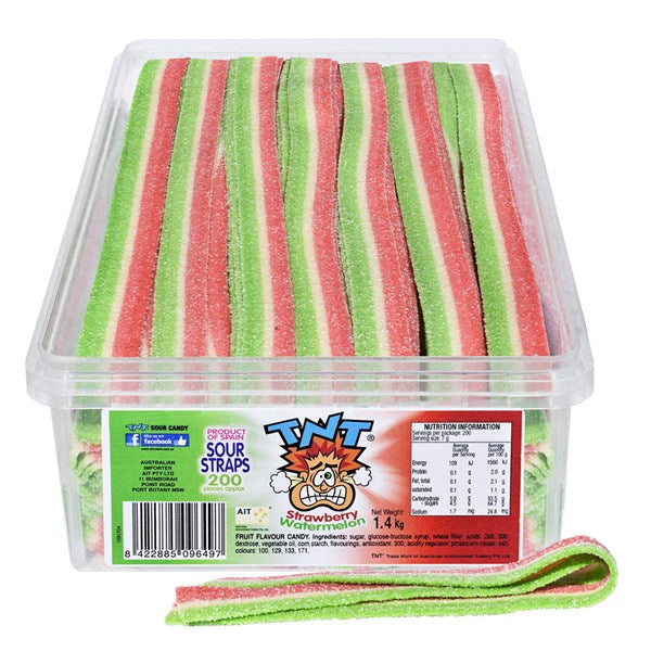 TNT STRAWBERRY & WATERMELON SOUR STRAPS 1.4KG (200 STRAPS)